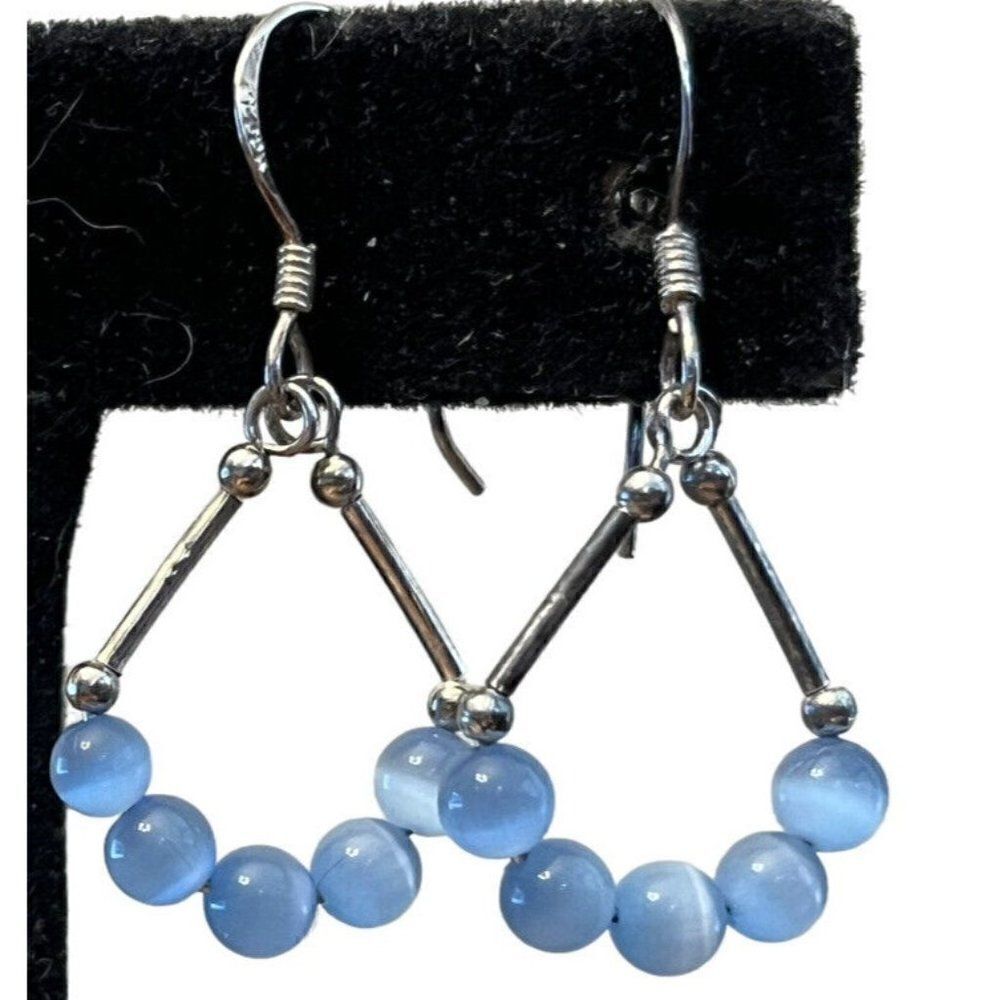 Vintage Sterling Silver Blue Cat’s Eye Beads Earrings Drop Dangle MC 925